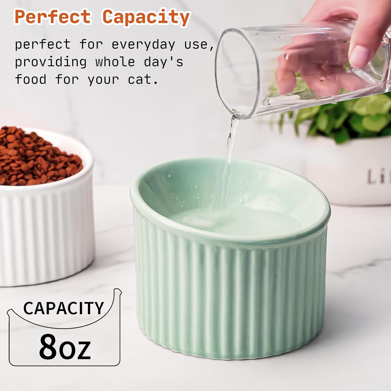 KFX-2782013 Elevated Ceramic Cat Bowls - Tilted, Anti-Vomit Design for Comfortable Feeding