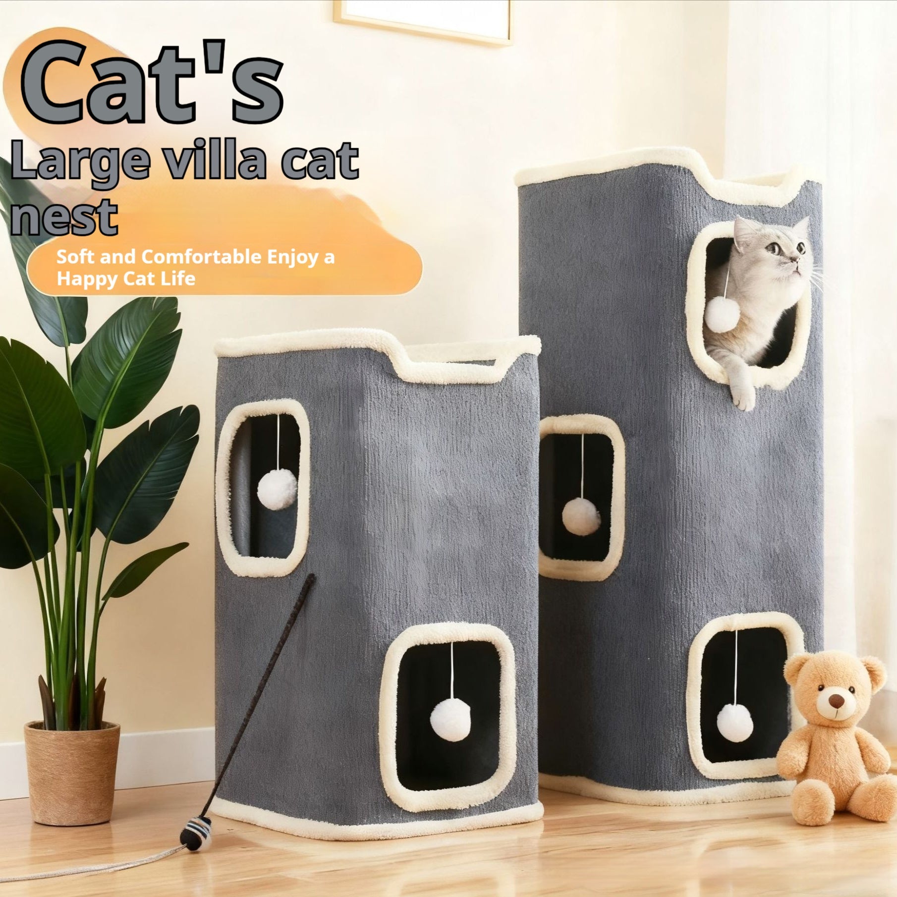 KFX-2783805 Stylish Semi-Enclosed Cat Climbing Frame with Scratching Post - Multiple Sizes Available