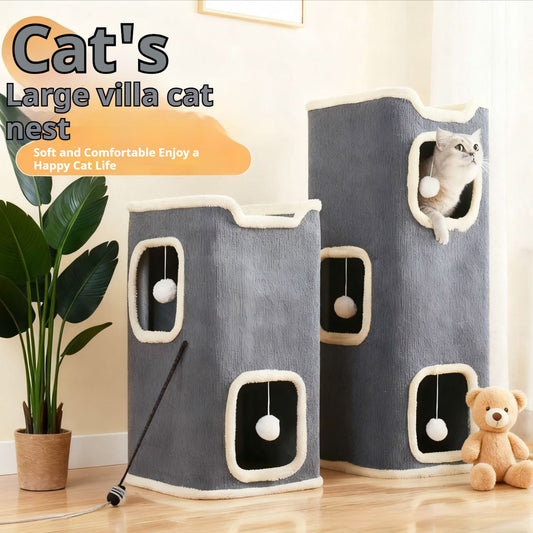 KFX-2783805 Stylish Semi-Enclosed Cat Climbing Frame with Scratching Post - Multiple Sizes Available