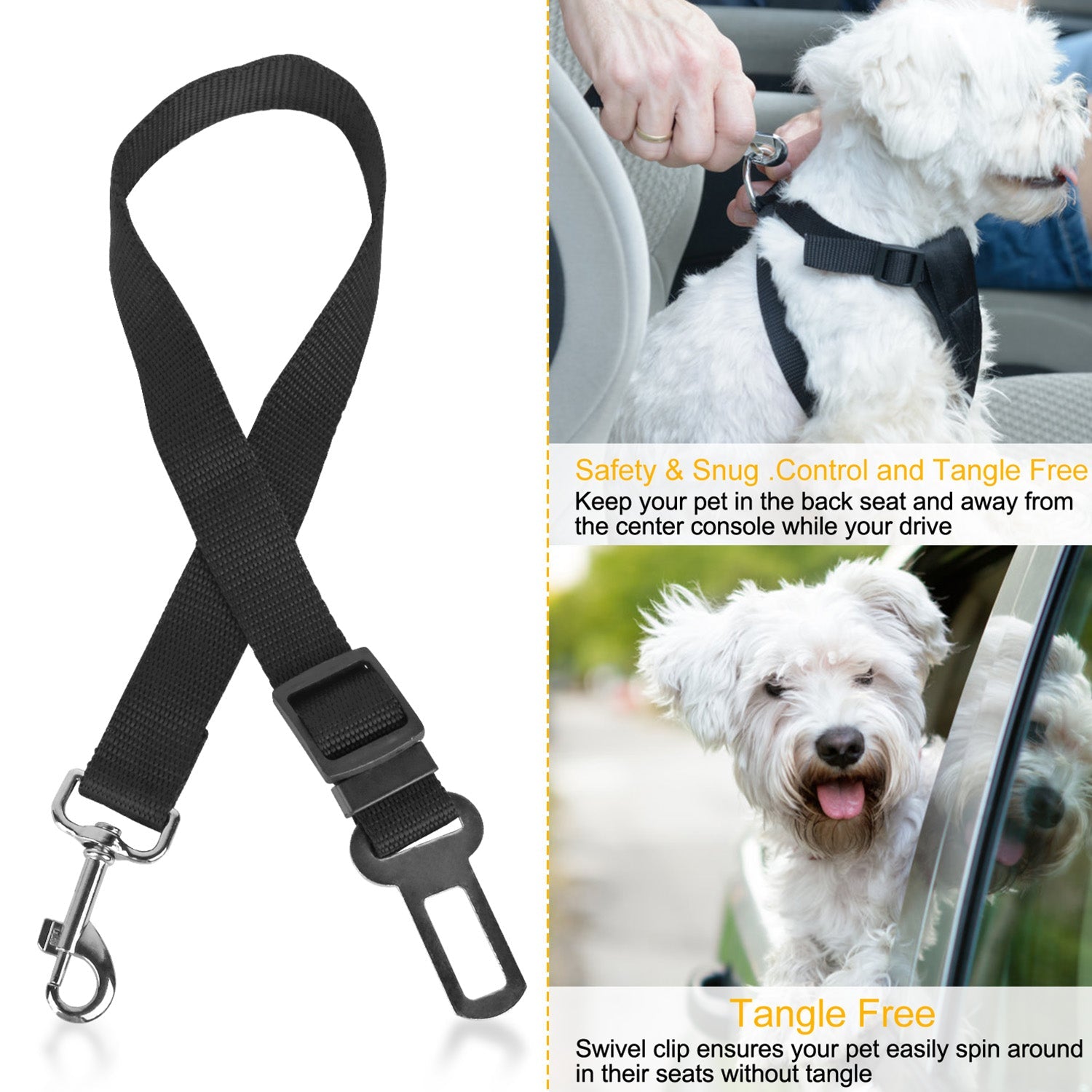 KFX-2790077 Adjustable Pet Seat Belt Leash for Dogs and Cats – Safety Harness Car Straps with Swivel Carabiner, Nylon Fabric, 1.37ft-2.2ft Length