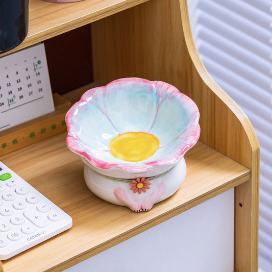 KFX-2796221 Ceramic Cat Bowl in Pink, Blue, Yellow, and Green - Stylish Food Holder for Pets