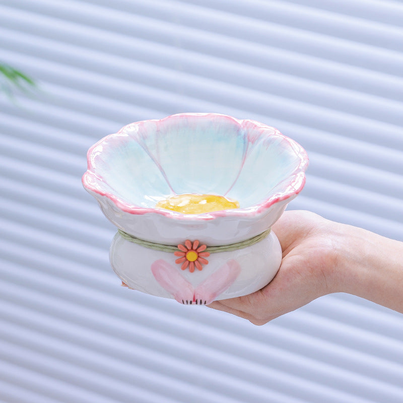 KFX-2796221 Ceramic Cat Bowl in Pink, Blue, Yellow, and Green - Stylish Food Holder for Pets