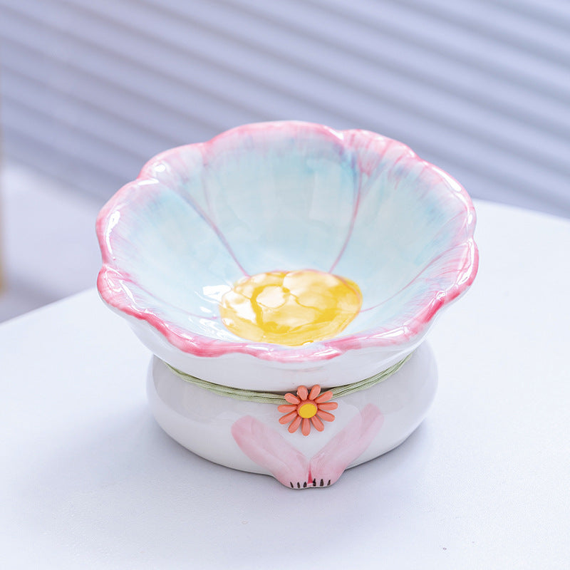 KFX-2796221 Ceramic Cat Bowl in Pink, Blue, Yellow, and Green - Stylish Food Holder for Pets