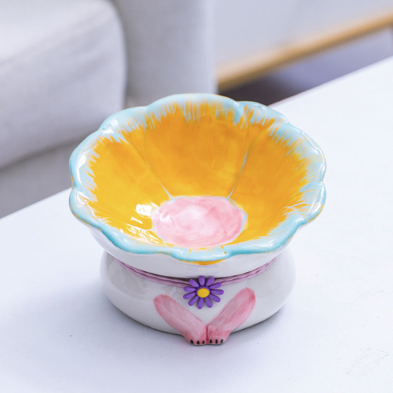 KFX-2796221 Ceramic Cat Bowl in Pink, Blue, Yellow, and Green - Stylish Food Holder for Pets