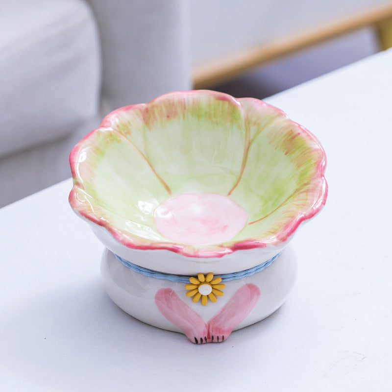 KFX-2796221 Ceramic Cat Bowl in Pink, Blue, Yellow, and Green - Stylish Food Holder for Pets