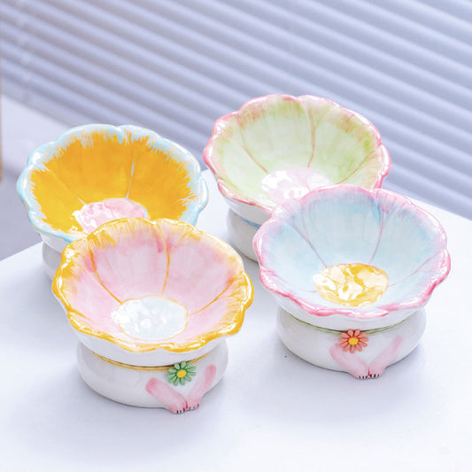 KFX-2796221 Ceramic Cat Bowl in Pink, Blue, Yellow, and Green - Stylish Food Holder for Pets
