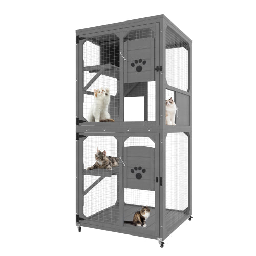 KFX-2805437 Outdoor Cat Enclosure with Window Access, 4-Tier Cat House on Wheels, Waterproof Roof, Large Space for Multiple Cats