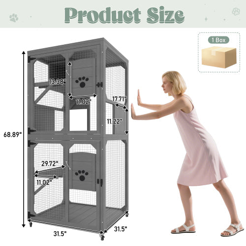 KFX-2805437 Outdoor Cat Enclosure with Window Access, 4-Tier Cat House on Wheels, Waterproof Roof, Large Space for Multiple Cats