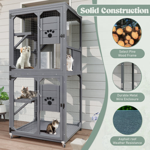 KFX-2805437 Outdoor Cat Enclosure with Window Access, 4-Tier Cat House on Wheels, Waterproof Roof, Large Space for Multiple Cats