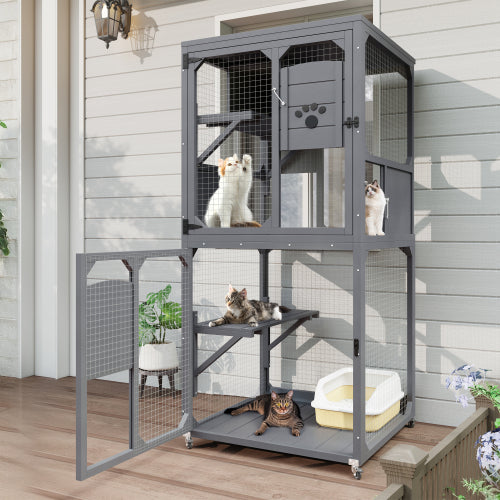 KFX-2805437 Outdoor Cat Enclosure with Window Access, 4-Tier Cat House on Wheels, Waterproof Roof, Large Space for Multiple Cats