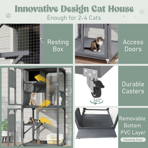 KFX-2805437 Outdoor Cat Enclosure with Window Access, 4-Tier Cat House on Wheels, Waterproof Roof, Large Space for Multiple Cats