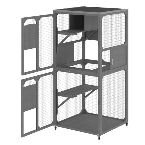 KFX-2805437 Outdoor Cat Enclosure with Window Access, 4-Tier Cat House on Wheels, Waterproof Roof, Large Space for Multiple Cats