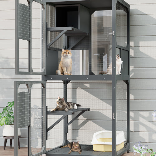 KFX-2805437 Outdoor Cat Enclosure with Window Access, 4-Tier Cat House on Wheels, Waterproof Roof, Large Space for Multiple Cats