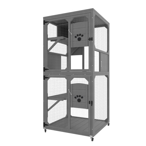 KFX-2805437 Outdoor Cat Enclosure with Window Access, 4-Tier Cat House on Wheels, Waterproof Roof, Large Space for Multiple Cats