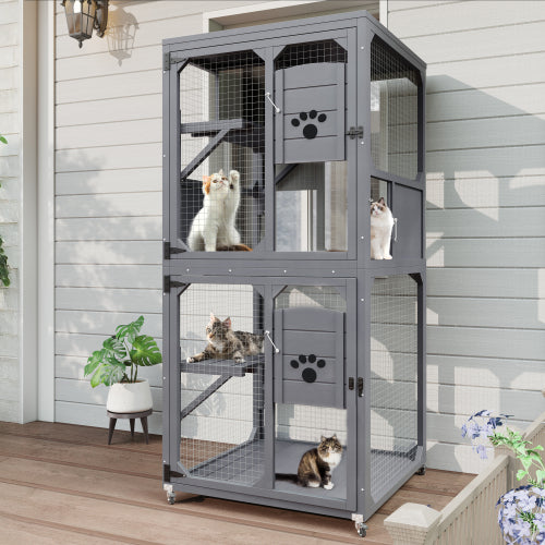 KFX-2805437 Outdoor Cat Enclosure with Window Access, 4-Tier Cat House on Wheels, Waterproof Roof, Large Space for Multiple Cats