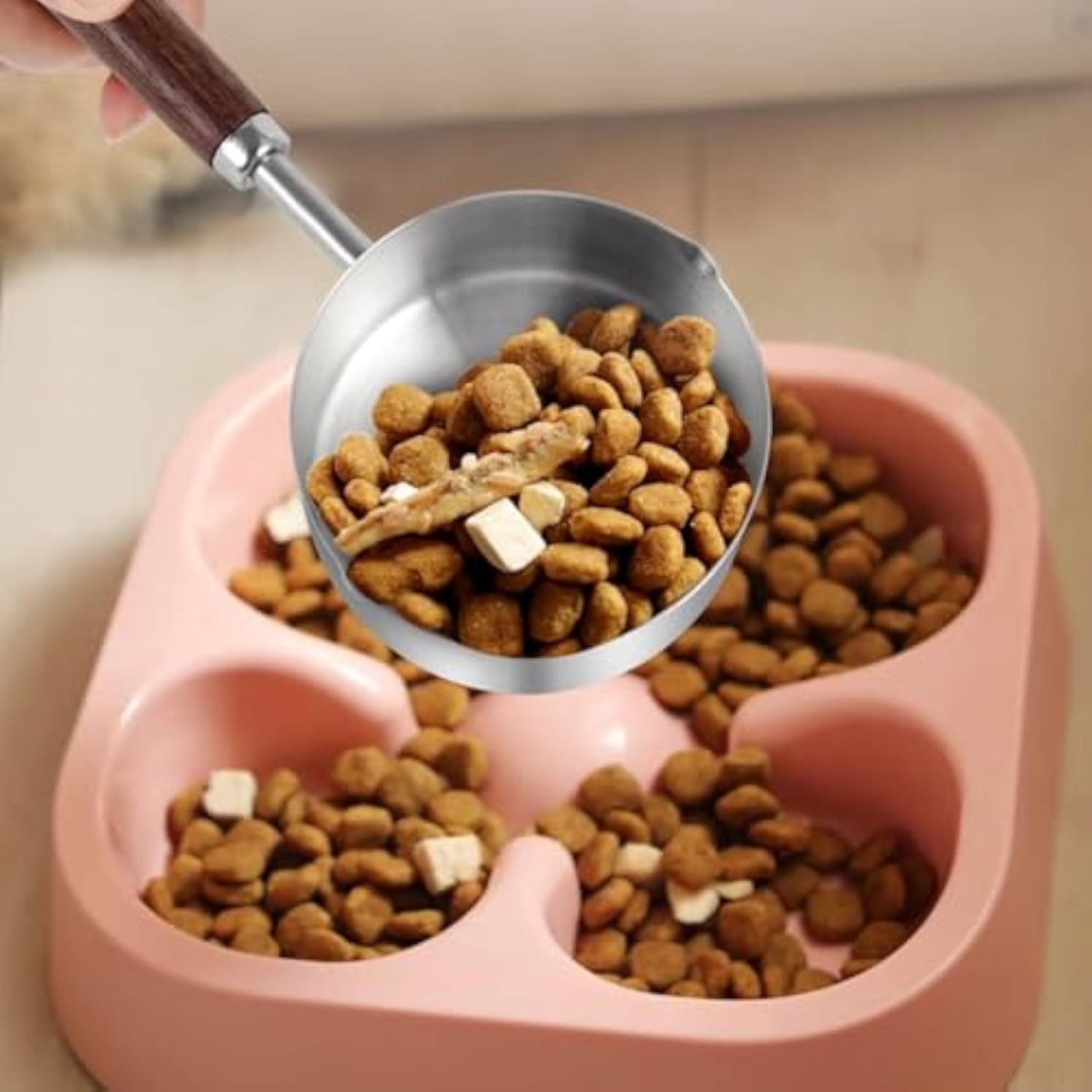 KFX-2811325 Stainless Steel Dog Food Scoop with Wooden Handle for Accurate Measuring