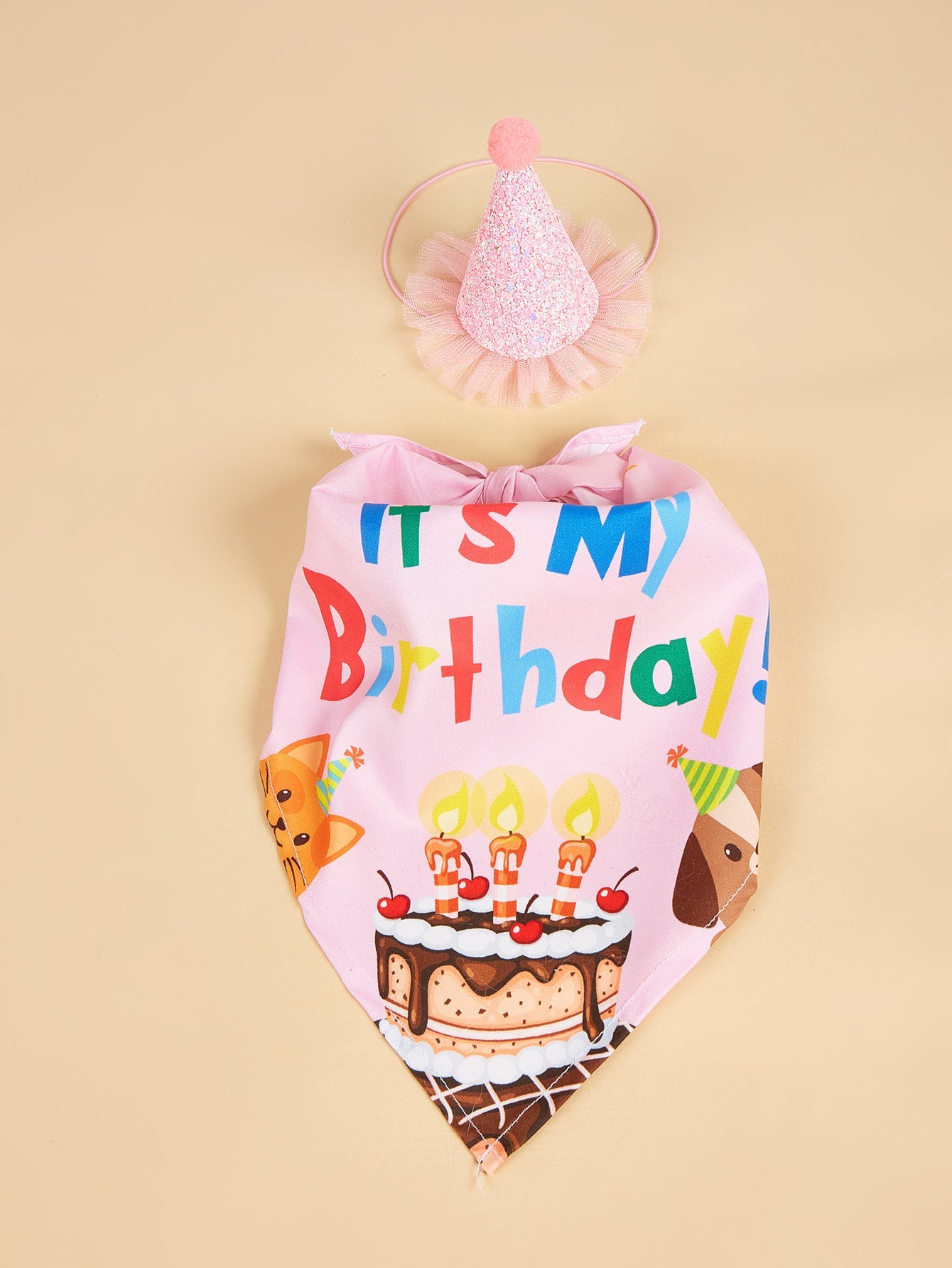 KFX-2812349 Creative Printing Dog Birthday Hat and Drool Towel Accessories Set - Triangular Binder with Cartoon Patterns in Blue and Pink