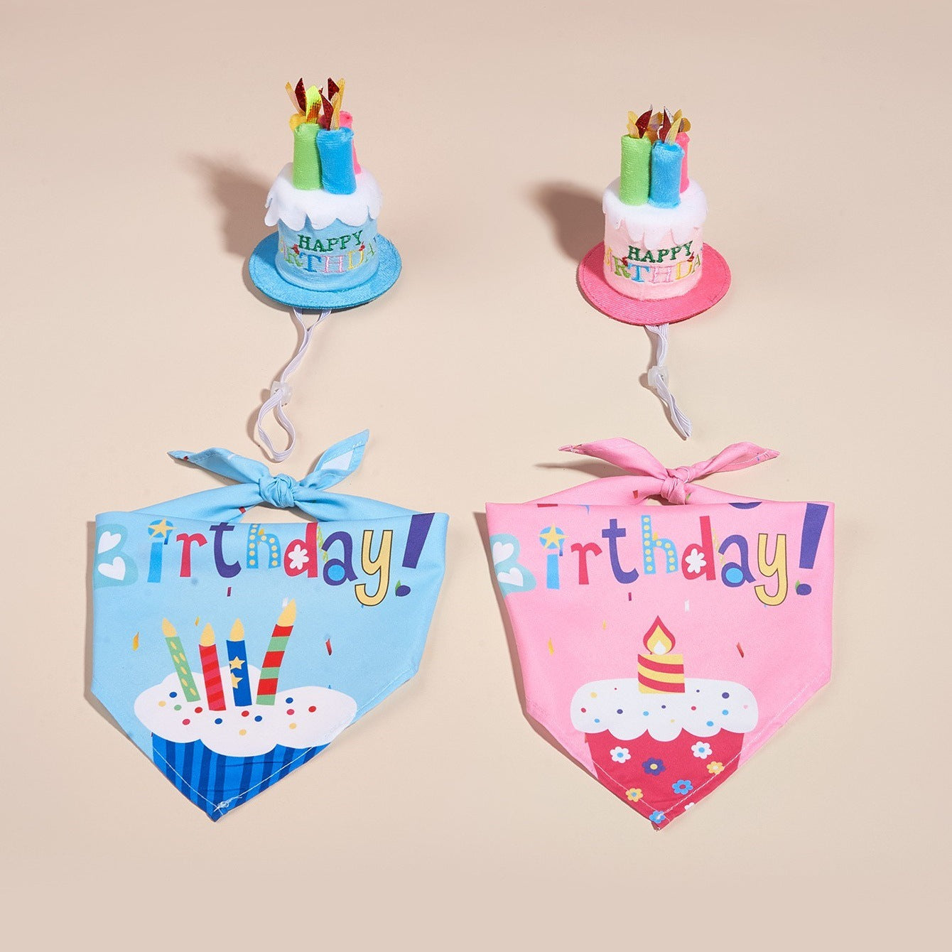 KFX-2812349 Creative Printing Dog Birthday Hat and Drool Towel Accessories Set - Triangular Binder with Cartoon Patterns in Blue and Pink