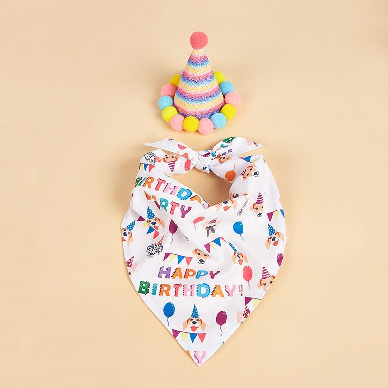 KFX-2812349 Creative Printing Dog Birthday Hat and Drool Towel Accessories Set - Triangular Binder with Cartoon Patterns in Blue and Pink