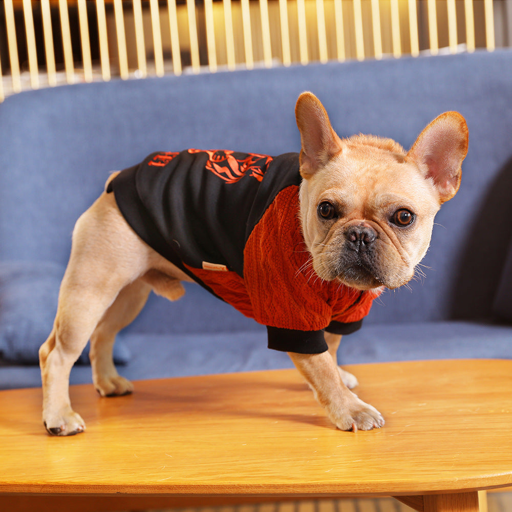 KFX-2815677 Casual Knitted Velvet Sweater for Dogs - Tiger Head Bullfighting Suit in Black