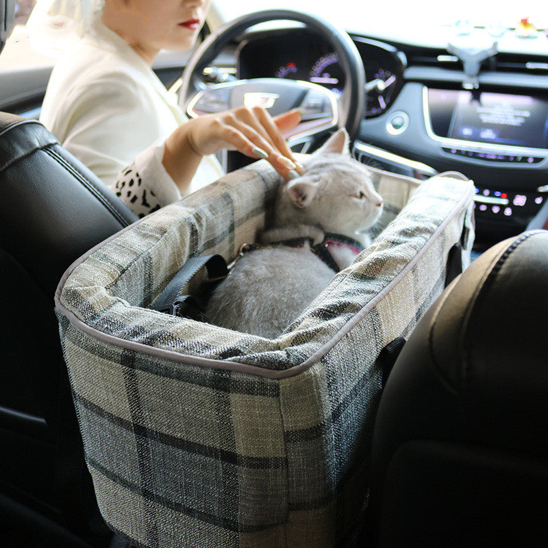 KFX-2823101 Pet Car Central Control Nest Cushion for Cats and Dogs, Folding Design, Dark Blue and Plaid Options, 49x25x21cm