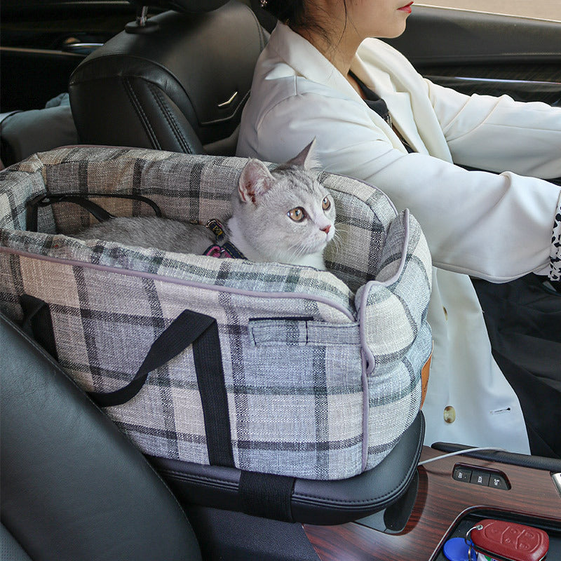 KFX-2823101 Pet Car Central Control Nest Cushion for Cats and Dogs, Folding Design, Dark Blue and Plaid Options, 49x25x21cm