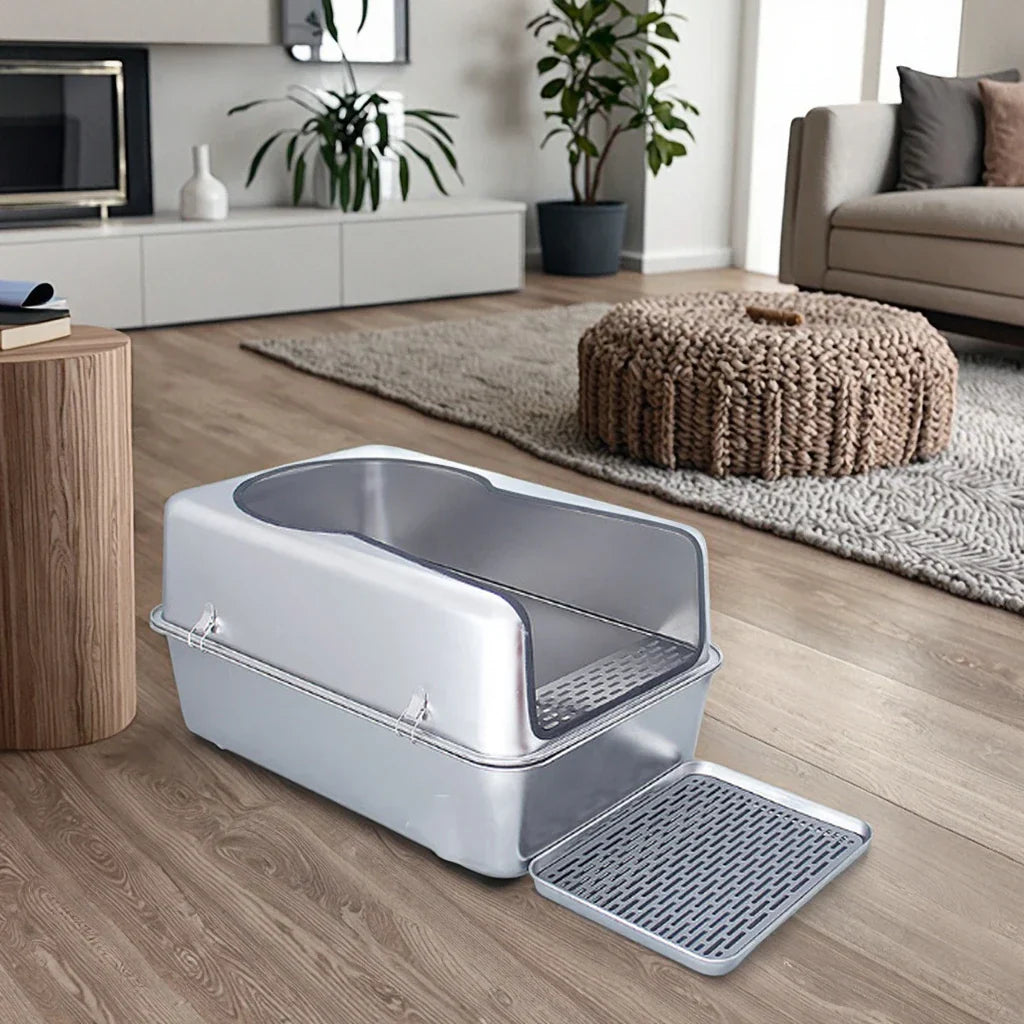 KFX-282643 Spacious Stainless Steel Cat Litter Box with 20L Inner Capacity and Easy-Clean Design
