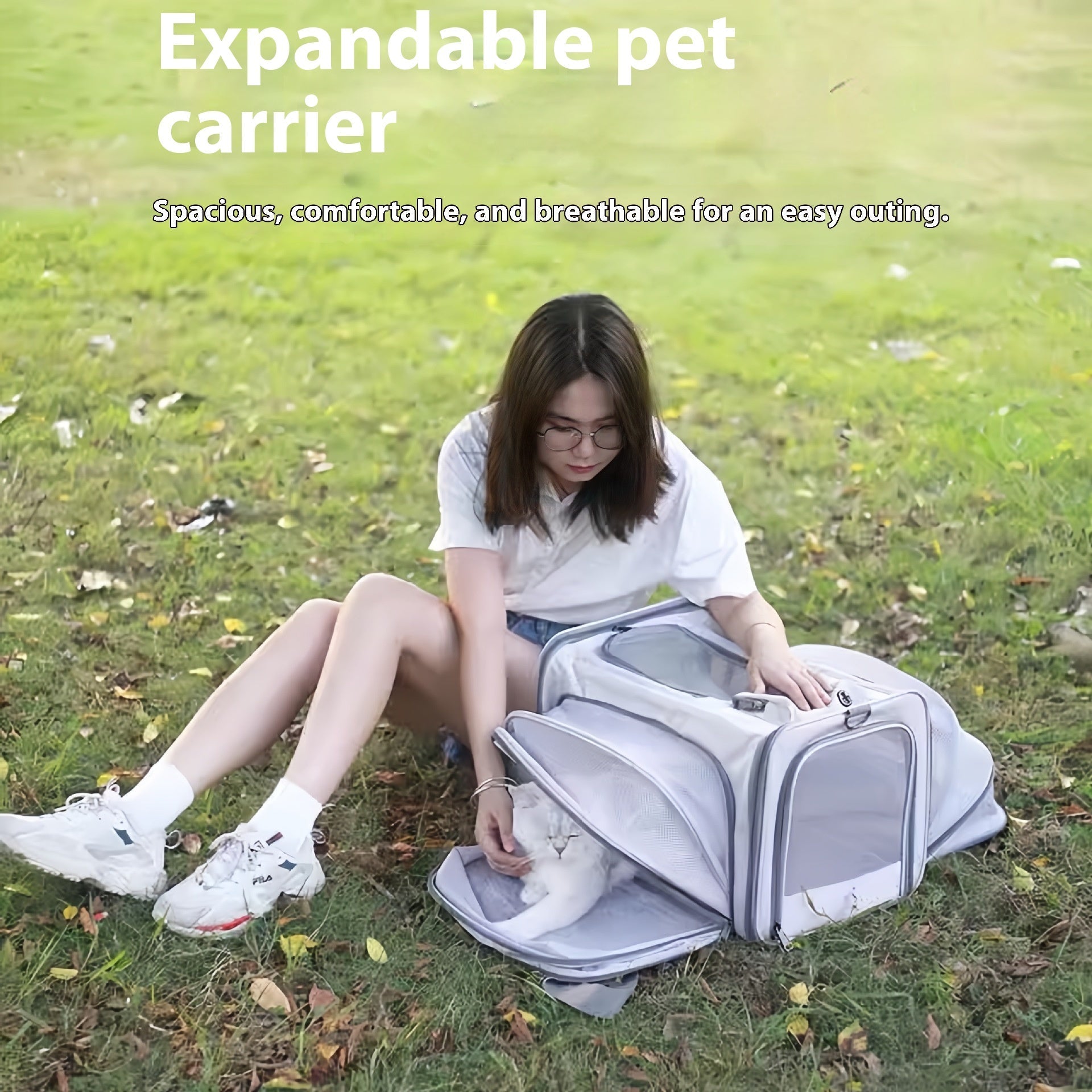 KFX-2831037 Spacious Outdoor Portable Pet Bag with Breathable Oxford Cloth – Available in Beige, Blue, Khaki, Gray, Green, and Purple