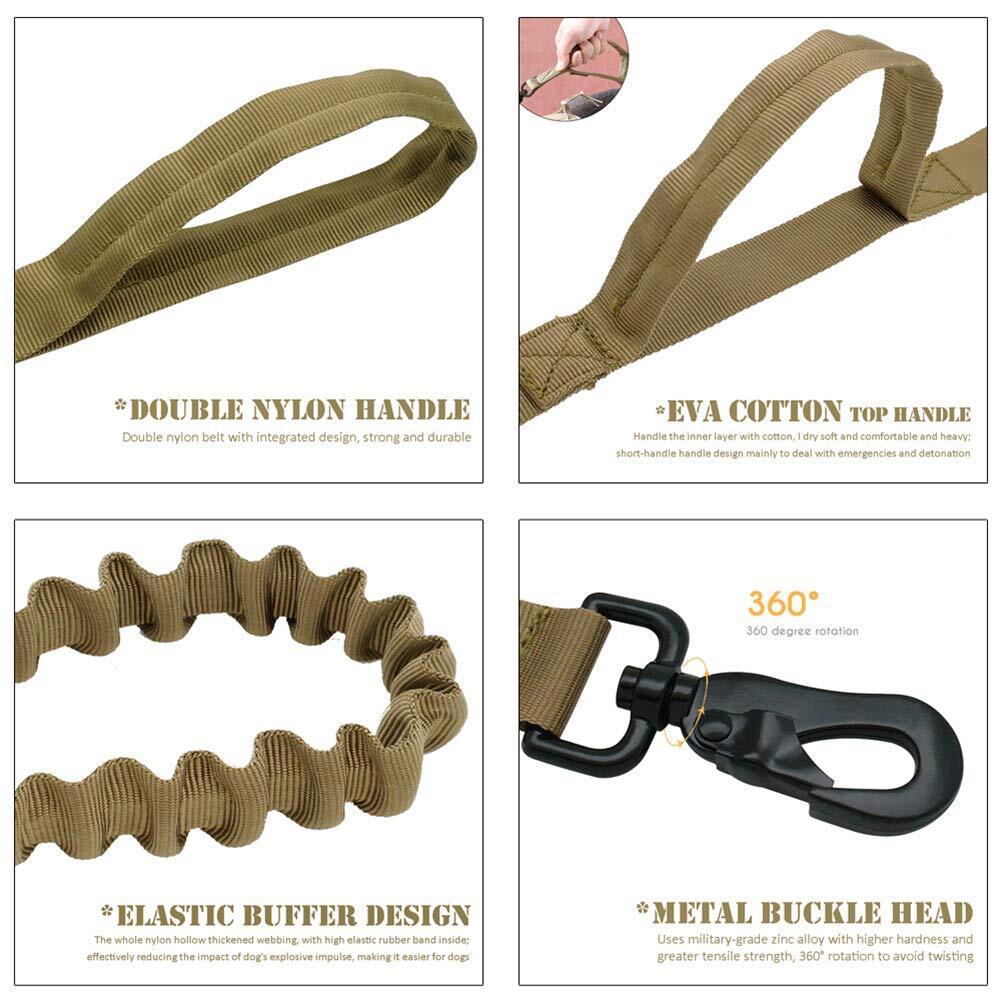 KFX-2834365 Tactical Elastic Dog Leash with Dual Control Handles for Training and Walking