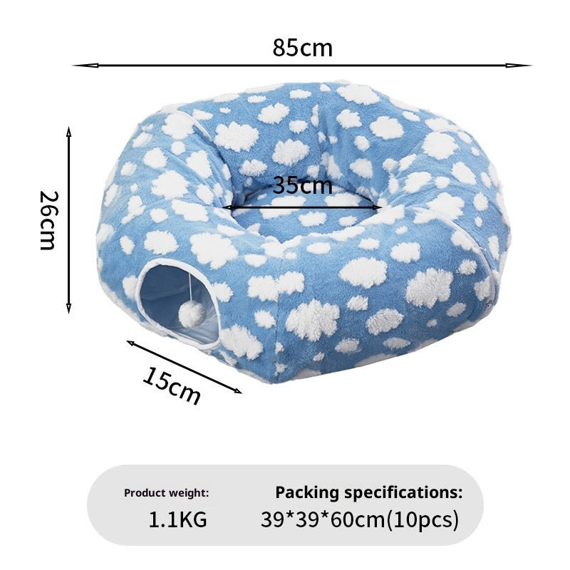 KFX-2834621 Detachable S-Type Round Tunnel Cat Nest - Blue Sky and White Clouds Design