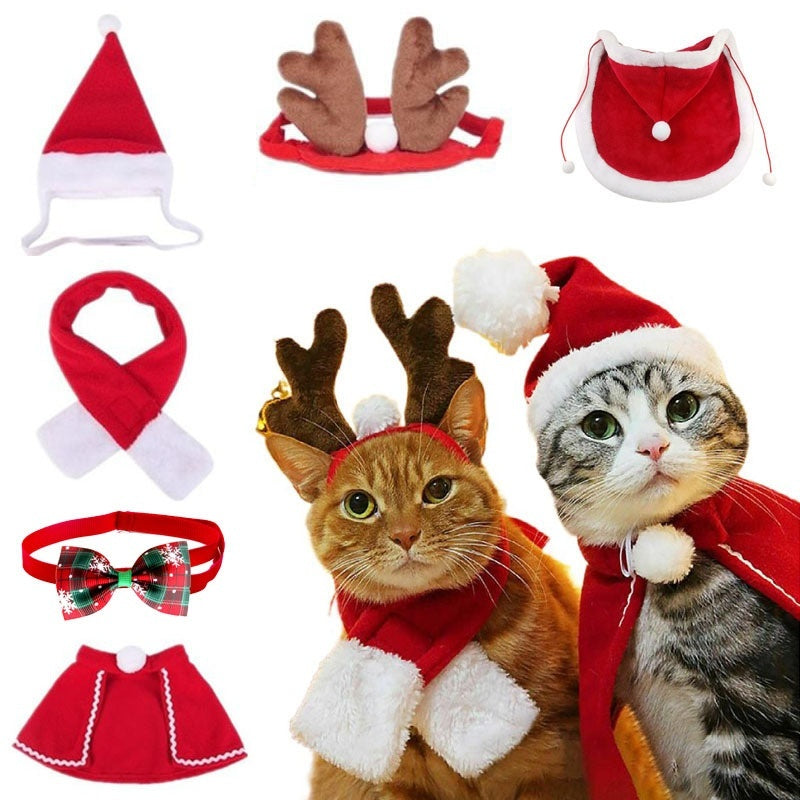 KFX-2838717 Christmas Pet Costume with Double-Sided Velvet Cloak, Hat, Scarf, and Hair Band - Warm and Stylish for Small to Large Pets