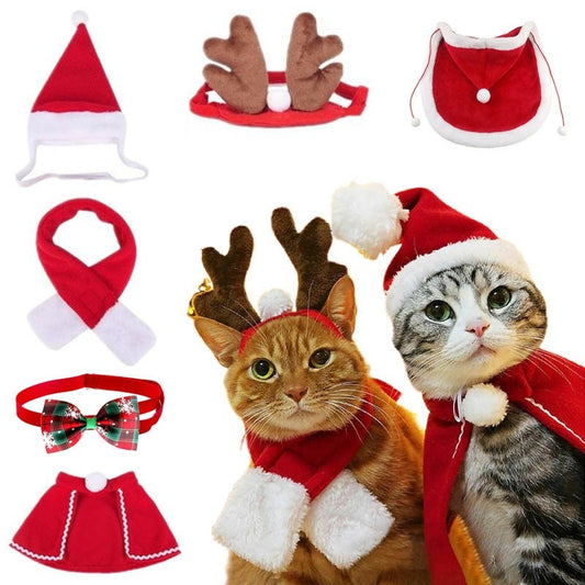 KFX-2838717 Christmas Pet Costume with Double-Sided Velvet Cloak, Hat, Scarf, and Hair Band - Warm and Stylish for Small to Large Pets