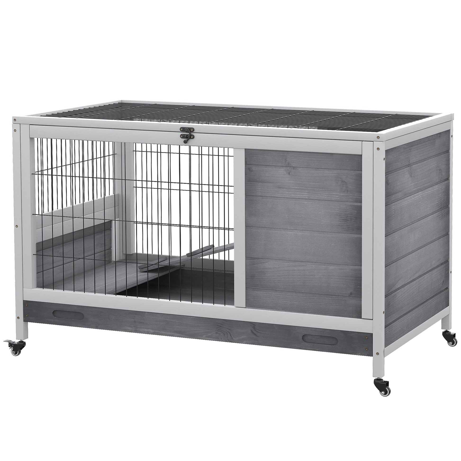 KFX-2843965 Indoor Wooden Rabbit and Guinea Pig Habitat with Enclosed Run and Wheels