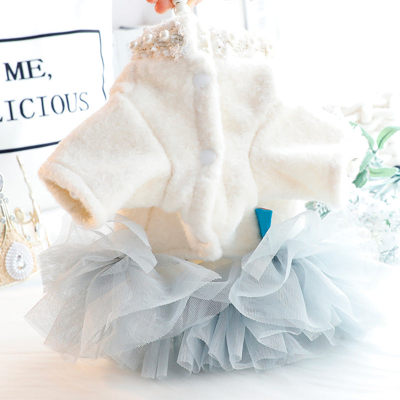 KFX-2848445 Elegant Beige Winter Cat Princess Dress - Cozy Wool Pet Clothing in Various Sizes