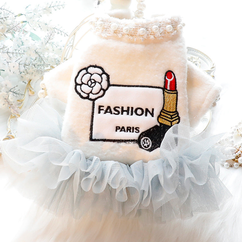 KFX-2848445 Elegant Beige Winter Cat Princess Dress - Cozy Wool Pet Clothing in Various Sizes