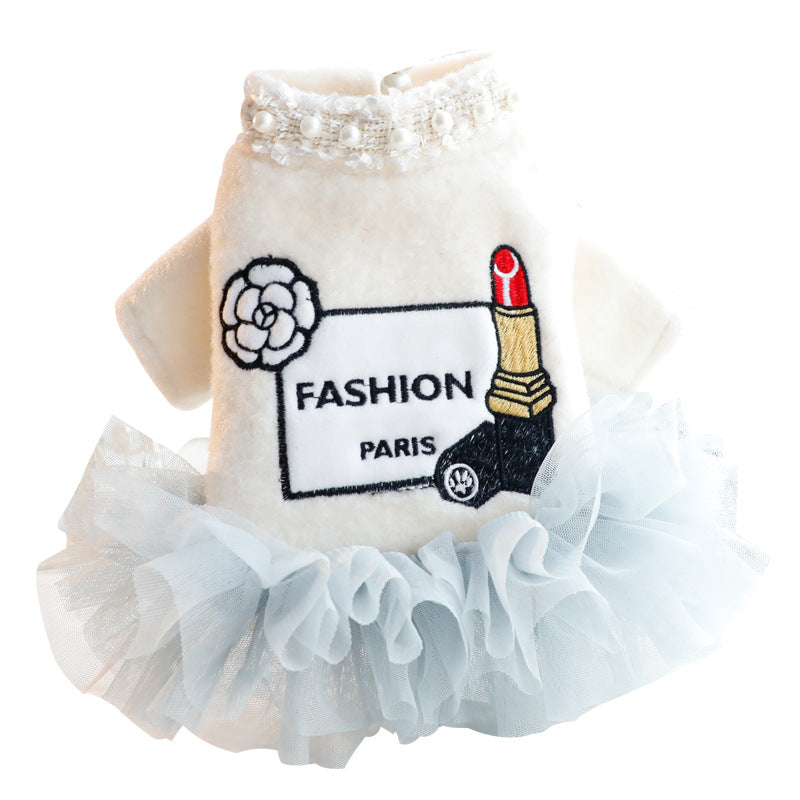 KFX-2848445 Elegant Beige Winter Cat Princess Dress - Cozy Wool Pet Clothing in Various Sizes