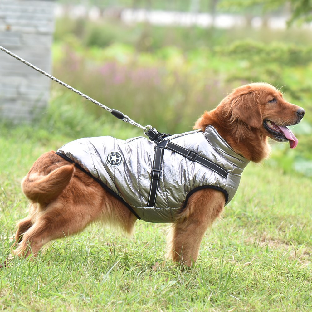 KFX-2850493 Reflective Cotton-Padded Pet Coat in Christmas Snowflake, Plaid, and Silver Gray - Sizes 3XL to 5XL