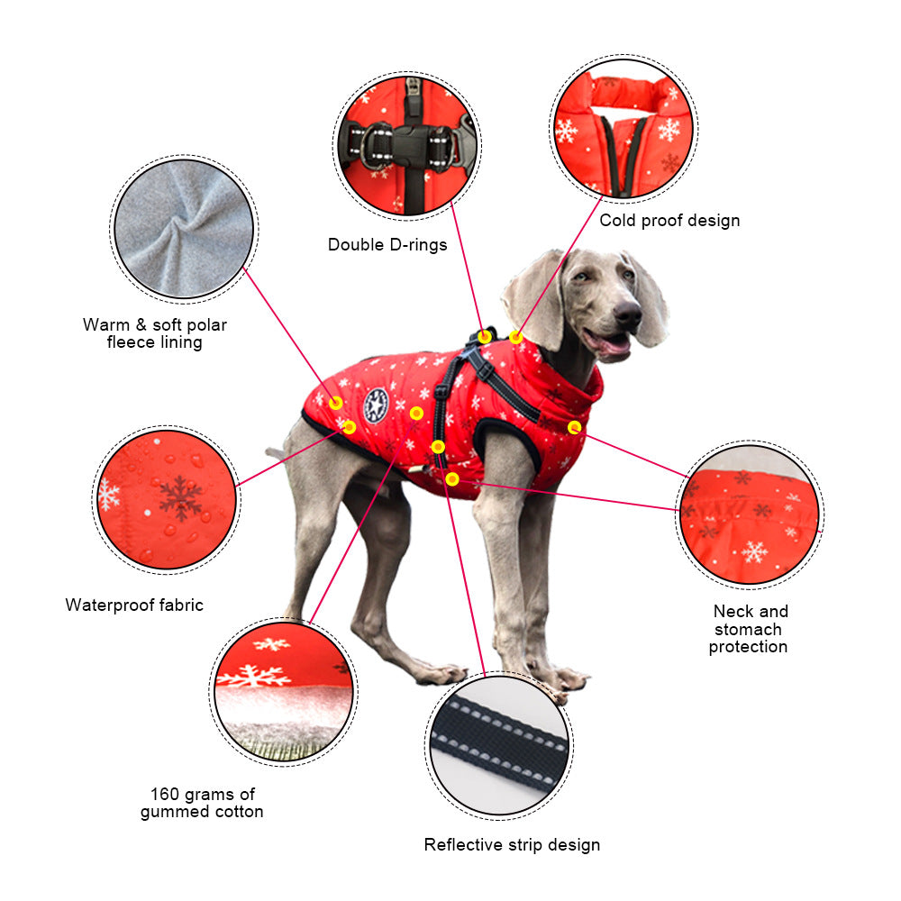 KFX-2850493 Reflective Cotton-Padded Pet Coat in Christmas Snowflake, Plaid, and Silver Gray - Sizes 3XL to 5XL