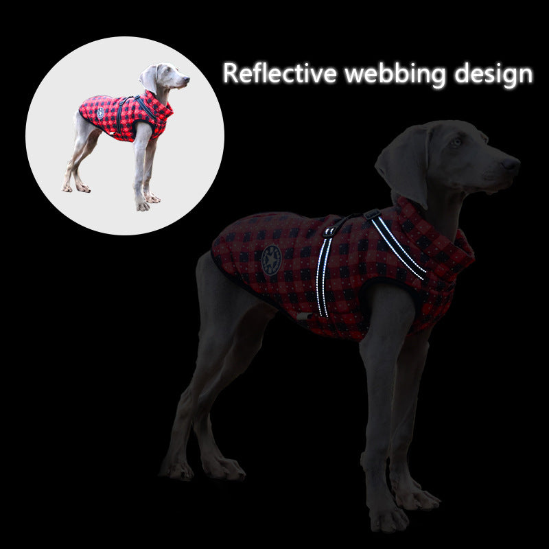 KFX-2850493 Reflective Cotton-Padded Pet Coat in Christmas Snowflake, Plaid, and Silver Gray - Sizes 3XL to 5XL