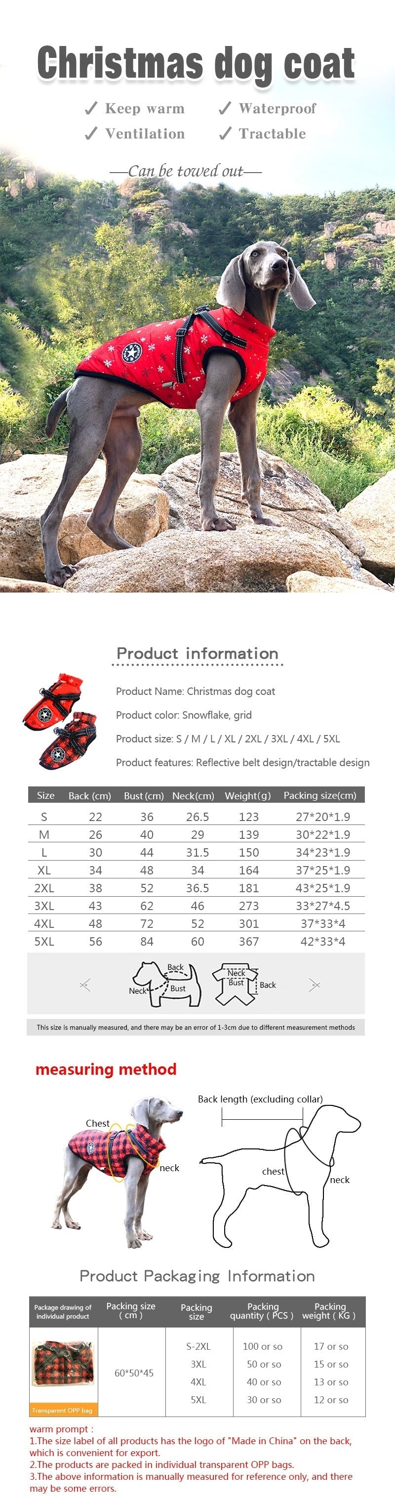 KFX-2850493 Reflective Cotton-Padded Pet Coat in Christmas Snowflake, Plaid, and Silver Gray - Sizes 3XL to 5XL