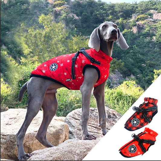 KFX-2850493 Reflective Cotton-Padded Pet Coat in Christmas Snowflake, Plaid, and Silver Gray - Sizes 3XL to 5XL