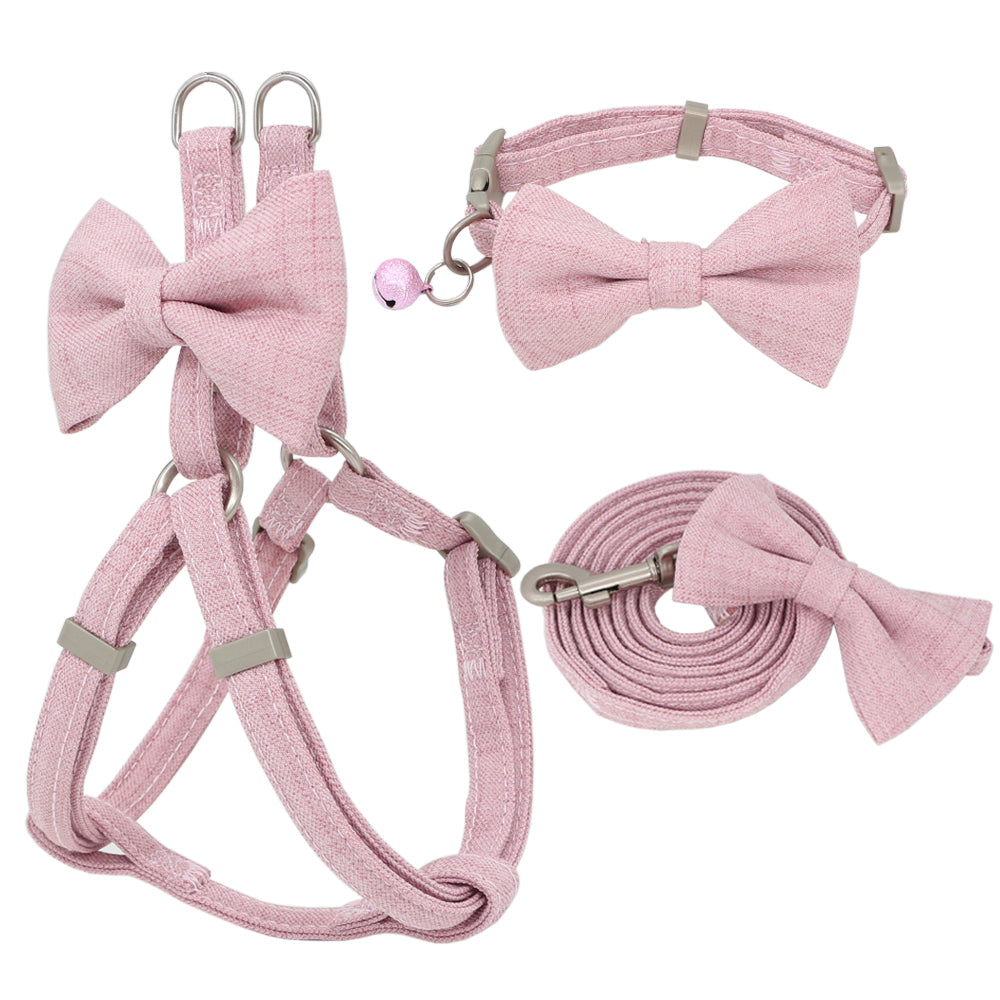 KFX-2853821 Adjustable Soft Bow Dog Harness, Leash, and Collar Set in Various Colors