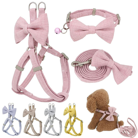KFX-2853821 Adjustable Soft Bow Dog Harness, Leash, and Collar Set in Various Colors