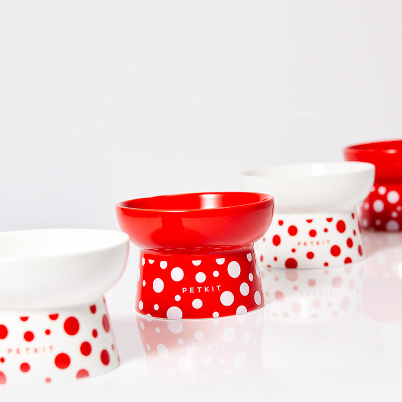 KFX-2857789 Ceramic Cat Bowl in Retro Red and Angel White, Designed to Prevent Tipping for Cats and Small Dogs
