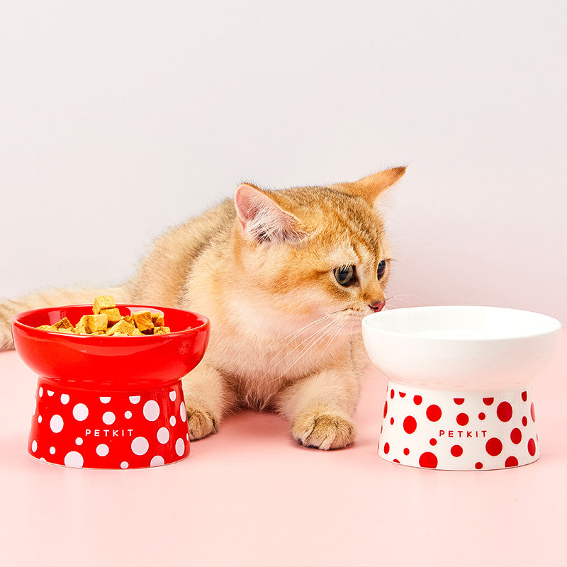 KFX-2857789 Ceramic Cat Bowl in Retro Red and Angel White, Designed to Prevent Tipping for Cats and Small Dogs