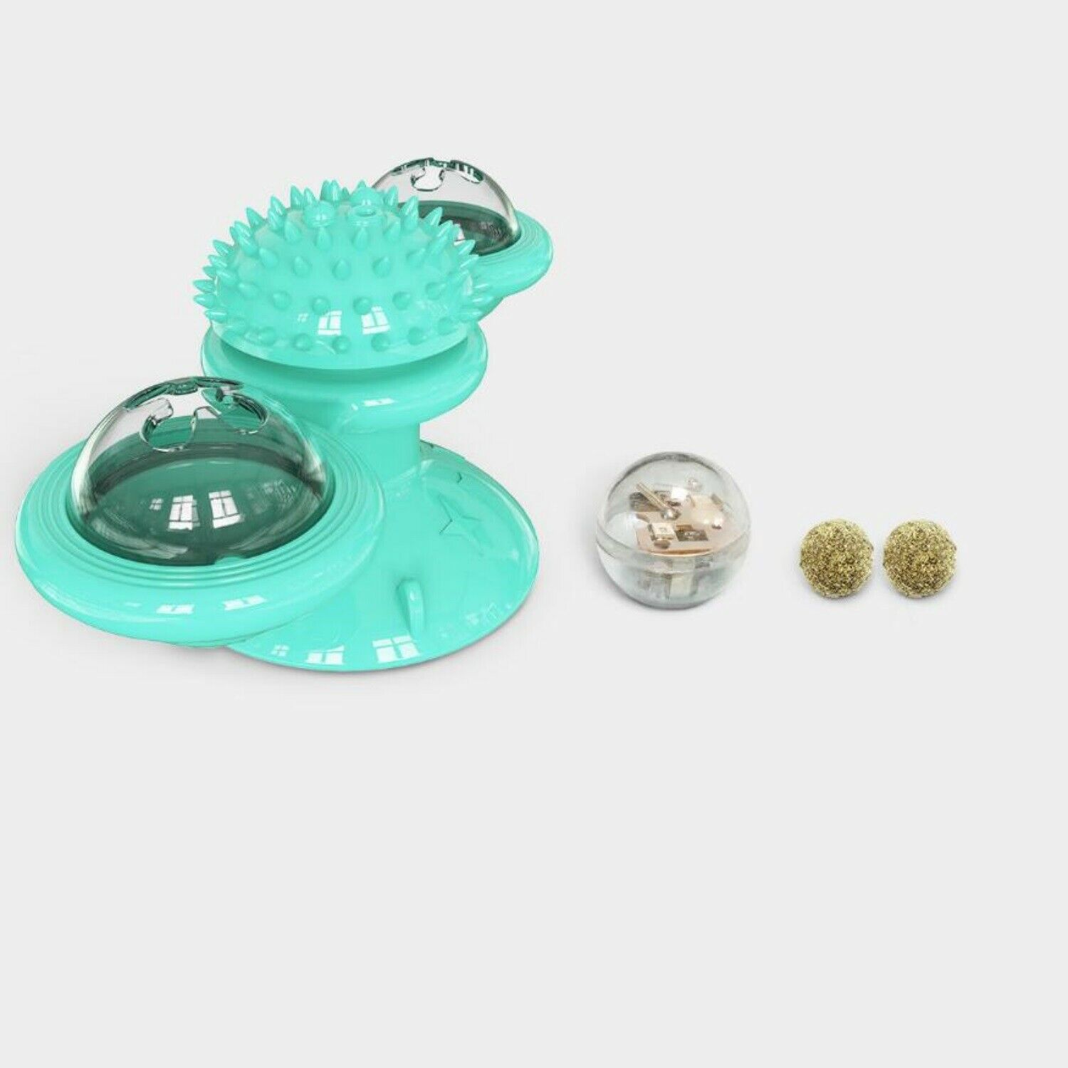 KFX-2859069 Interactive Windmill Cat Toy with Suction Cup, Catnip Ball, and Toothbrush Feature for Indoor Play