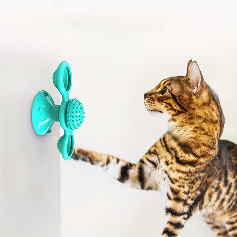 KFX-2859069 Interactive Windmill Cat Toy with Suction Cup, Catnip Ball, and Toothbrush Feature for Indoor Play