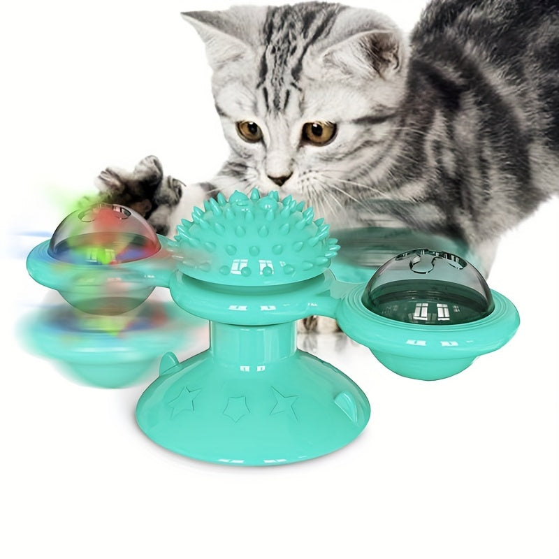 KFX-2859069 Interactive Windmill Cat Toy with Suction Cup, Catnip Ball, and Toothbrush Feature for Indoor Play