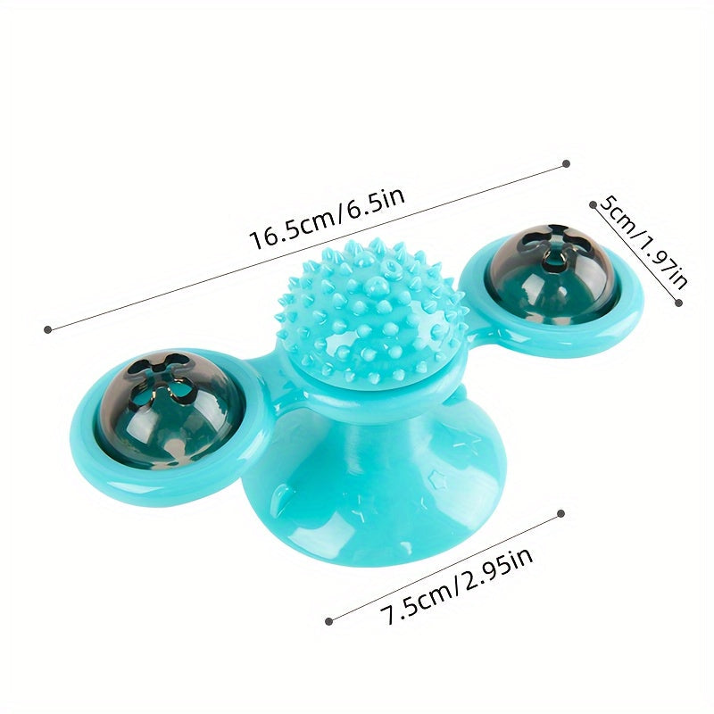 KFX-2859069 Interactive Windmill Cat Toy with Suction Cup, Catnip Ball, and Toothbrush Feature for Indoor Play