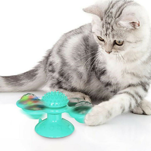 KFX-2859069 Interactive Windmill Cat Toy with Suction Cup, Catnip Ball, and Toothbrush Feature for Indoor Play